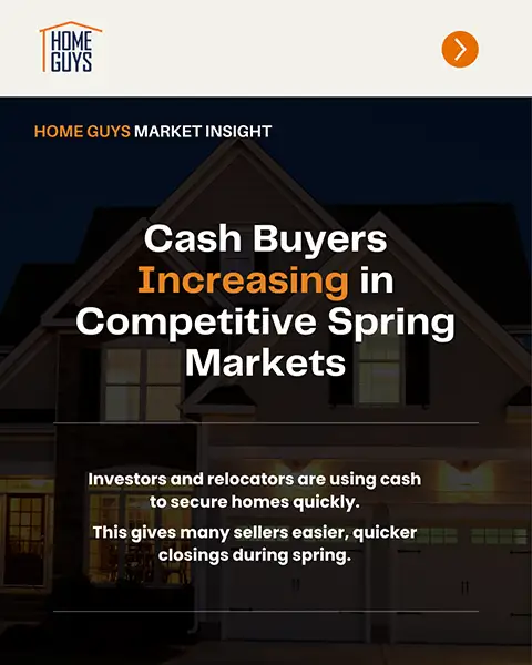 Home Guys market insight graphic about cash buyers increasing in competitive spring markets
